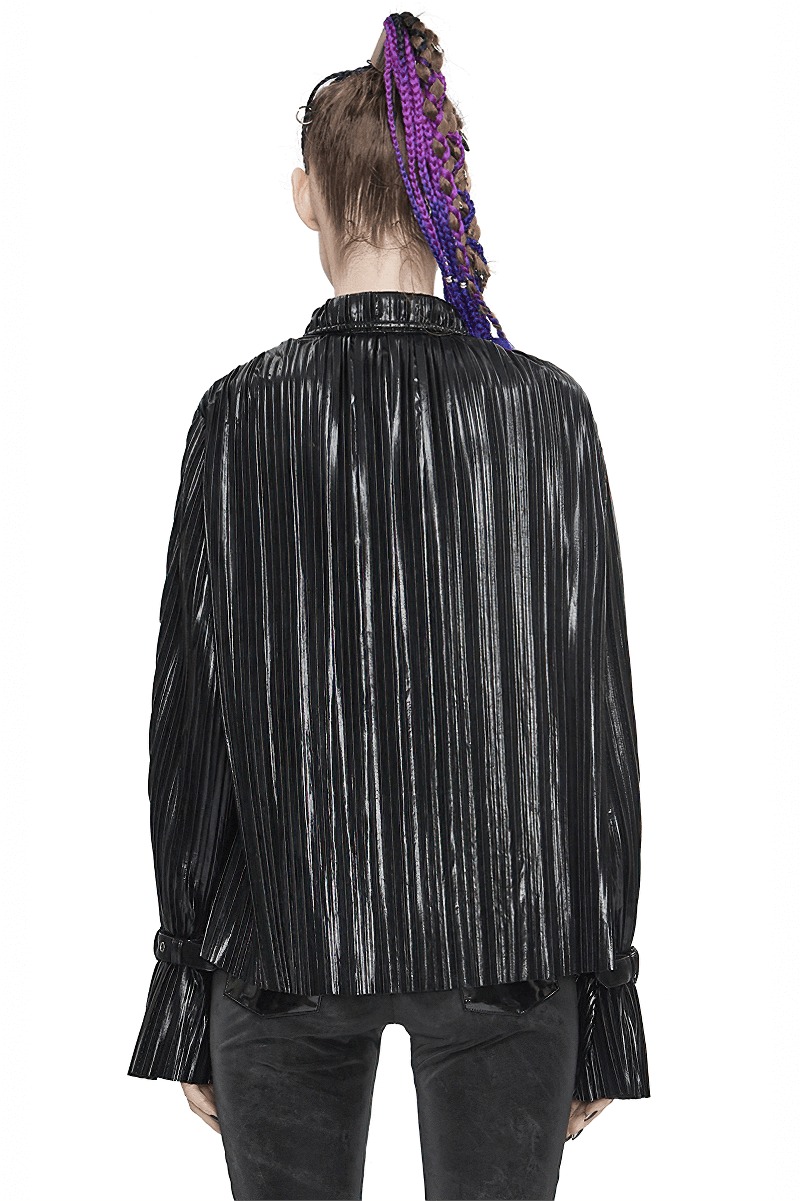 Back view of a women's bright black pleated blouse with ruffle sleeves, featuring a stylish cyberpunk design.