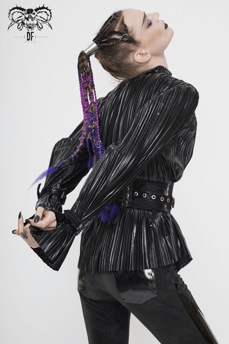 Model showcasing a women's cyberpunk black pleated blouse with ruffle sleeves and stylish braided hair.