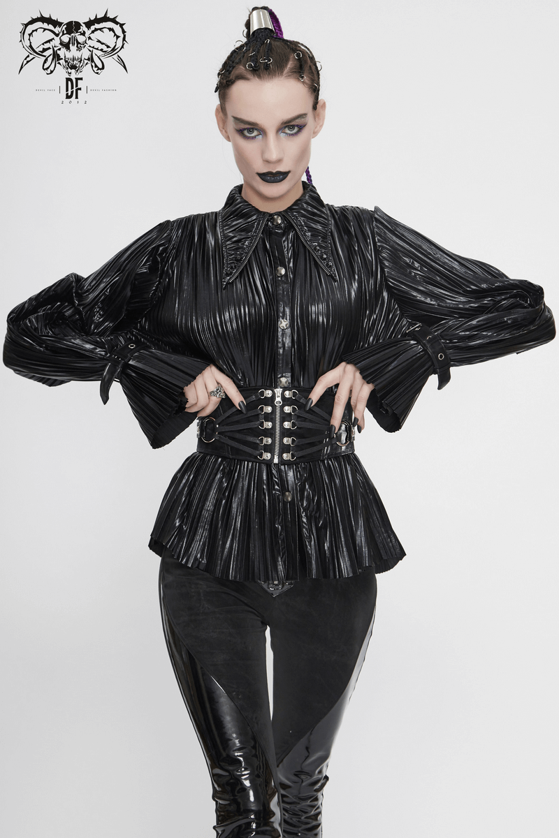 Stylish women's black pleated long blouse with ruffle sleeves and pointed collar, perfect for a cyberpunk wardrobe.