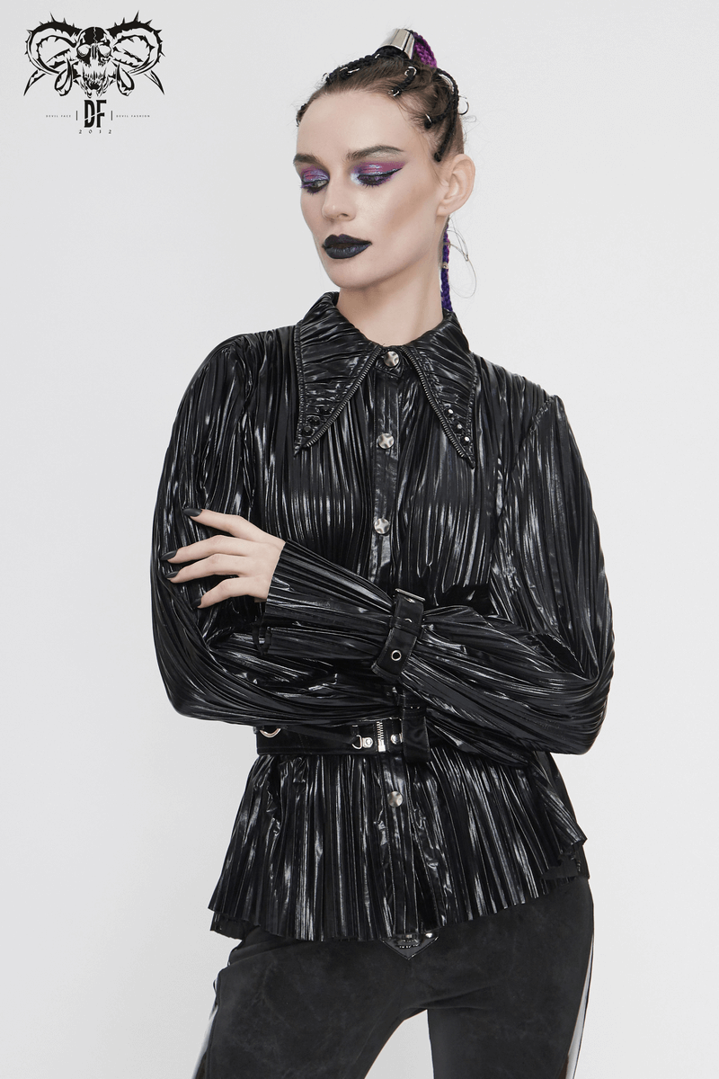 Women’s black pleated cyberpunk blouse with long ruffle sleeves and pointed collar.