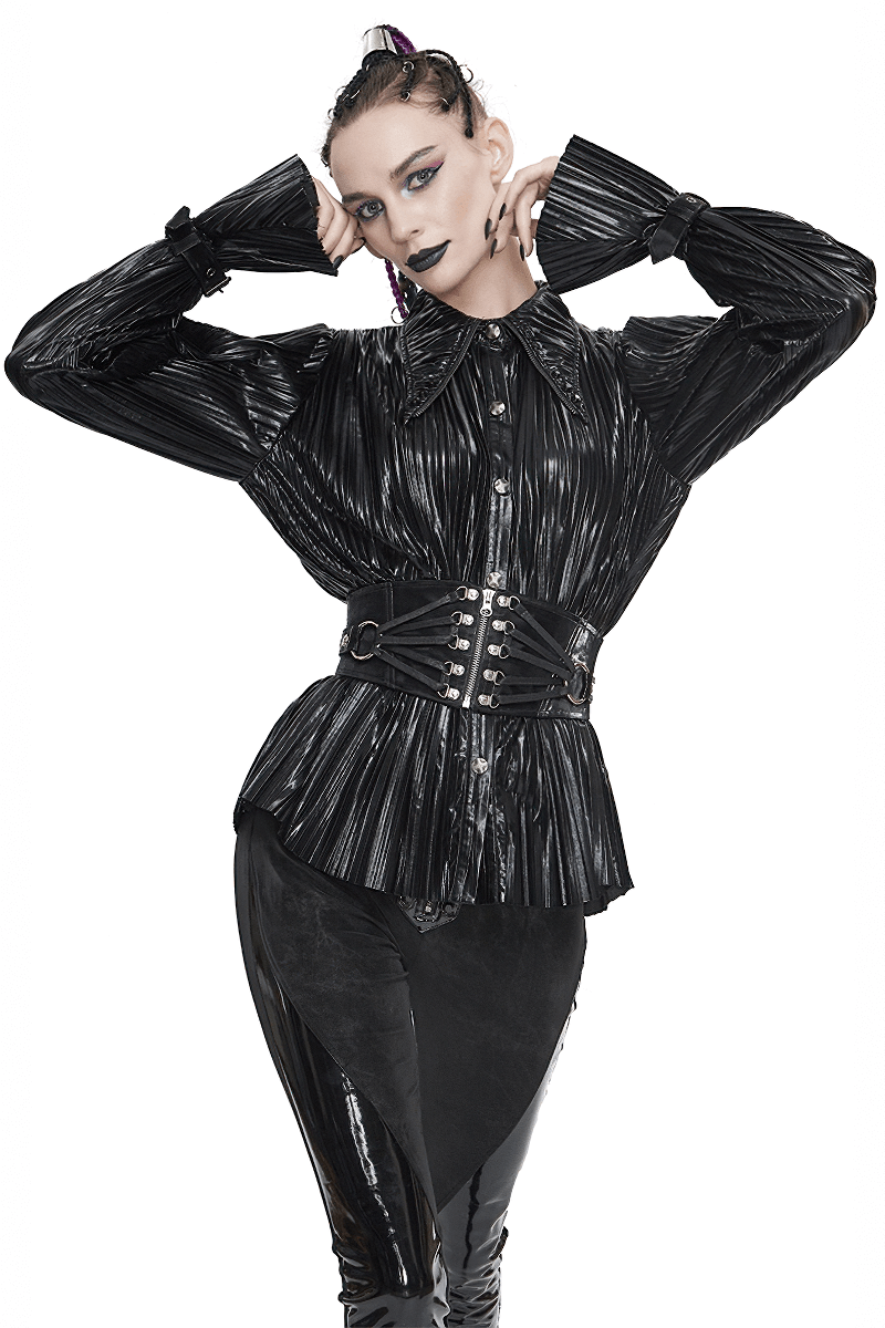 Women’s bright black pleated blouse with ruffle sleeves, styled in cyberpunk fashion.
