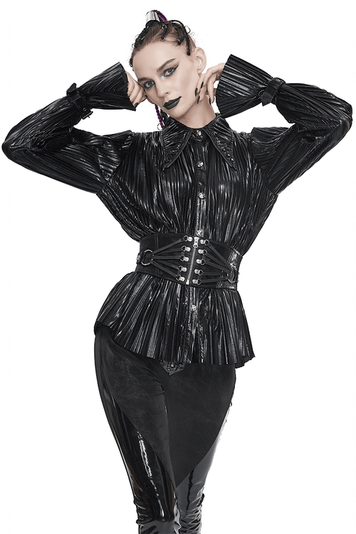 Hellschwarze, plissierte, lange Bluse mit Rüschenärmeln für Damen / Cyberpunk-Hemden mit lockerem, spitzem Kragen