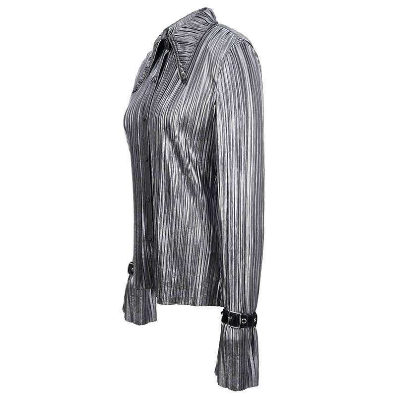 Women's bright silver shimmer long ruffle sleeved blouse in cyberpunk style with pointed collar.