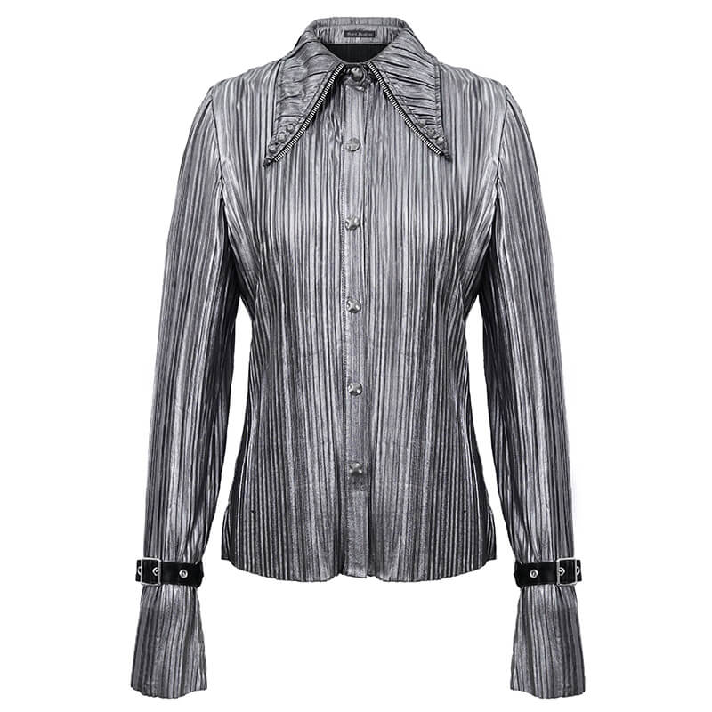Women's bright silver shimmer blouse with long ruffle sleeves and pointed collar, cyberpunk style shirt.
