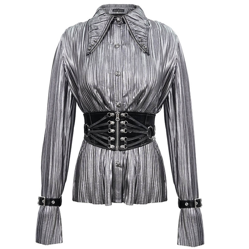 Women's bright silver shimmer cyberpunk long blouse with ruffle sleeves and stylish pointed collar.