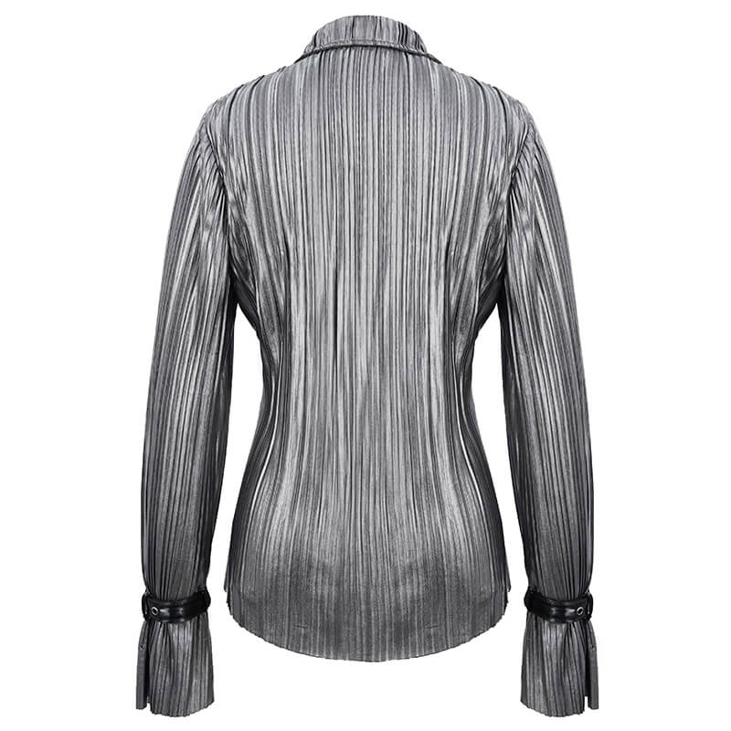 Back view of a women's bright silver shimmer ruffle-sleeve blouse in cyberpunk style with a retro cut.