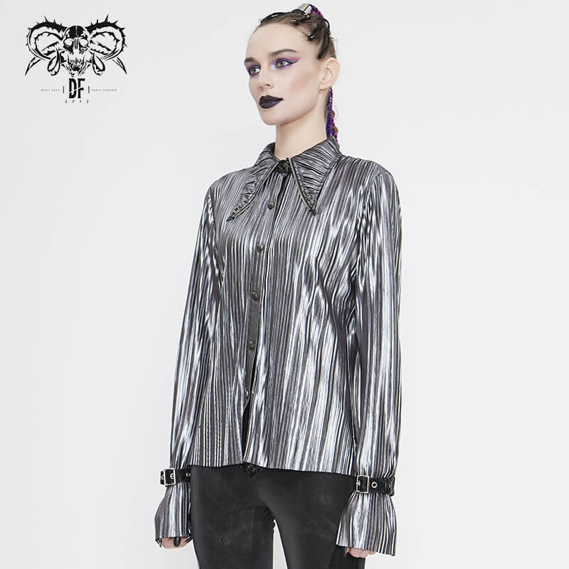 Futuristic women's silver shimmer blouse with ruffle sleeves and pointed collar, perfect for a stylish cyberpunk look.