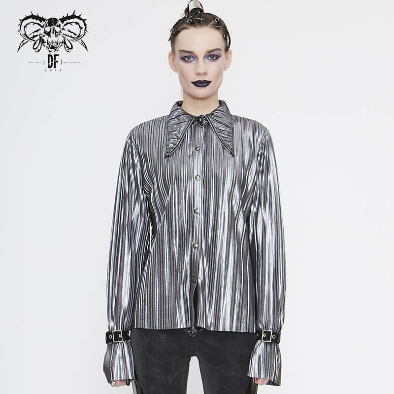 Stylish women's bright silver shimmer blouse with long ruffle sleeves and pointed collar in a cyberpunk design.