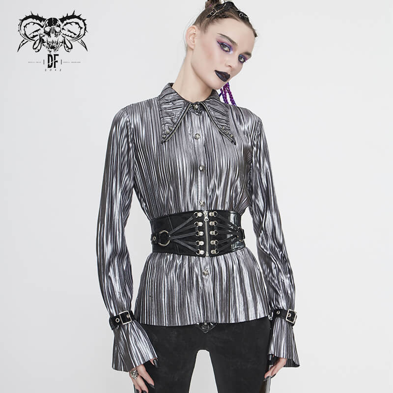 Stylish women's bright silver shimmer blouse with long ruffle sleeves and a cyberpunk pointed collar.