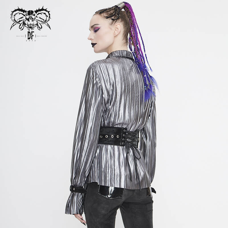 Women's bright silver shimmer long blouse with ruffle sleeves in cyberpunk style, showcasing unique retro cut and edgy design.