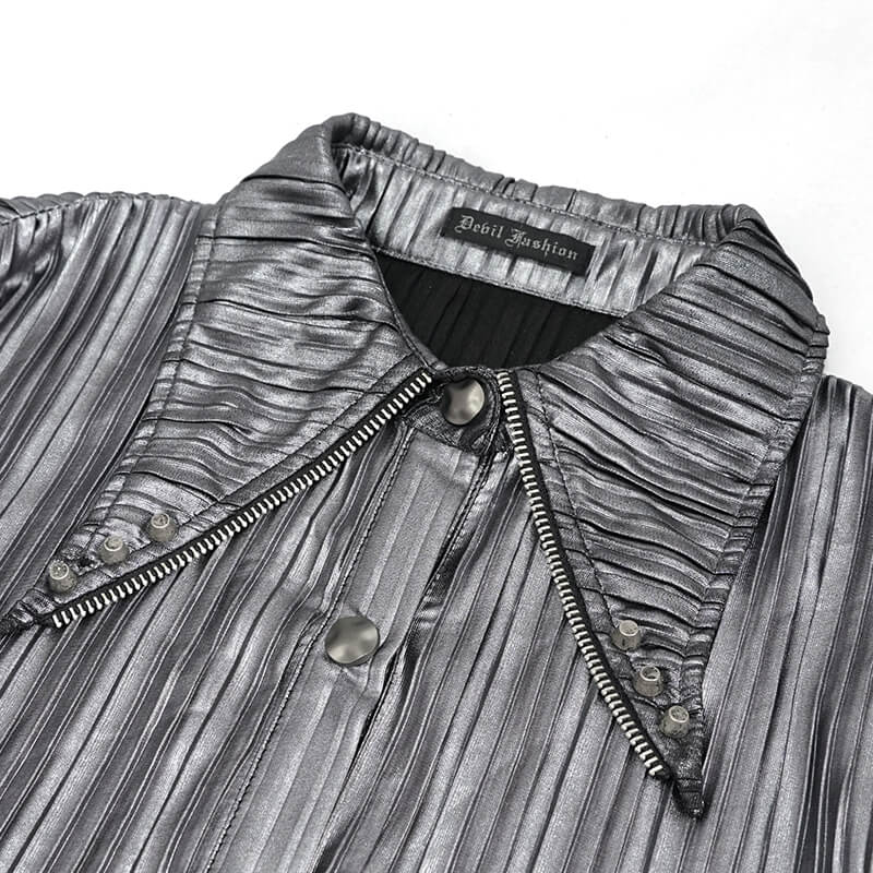 Close-up of a shimmering silver cyberpunk blouse featuring long ruffle sleeves and a pointed collar.