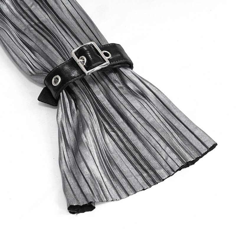 Close-up of a silver pleated blouse sleeve with black buckle detail, showcasing stylish cyberpunk fashion.