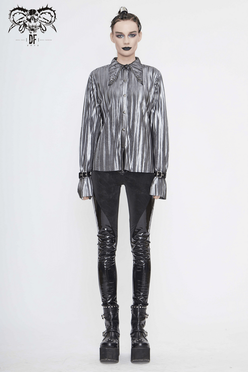 Women's bright silver shimmer long blouse with ruffle sleeves in cyberpunk style, perfect for edgy fashion lovers.