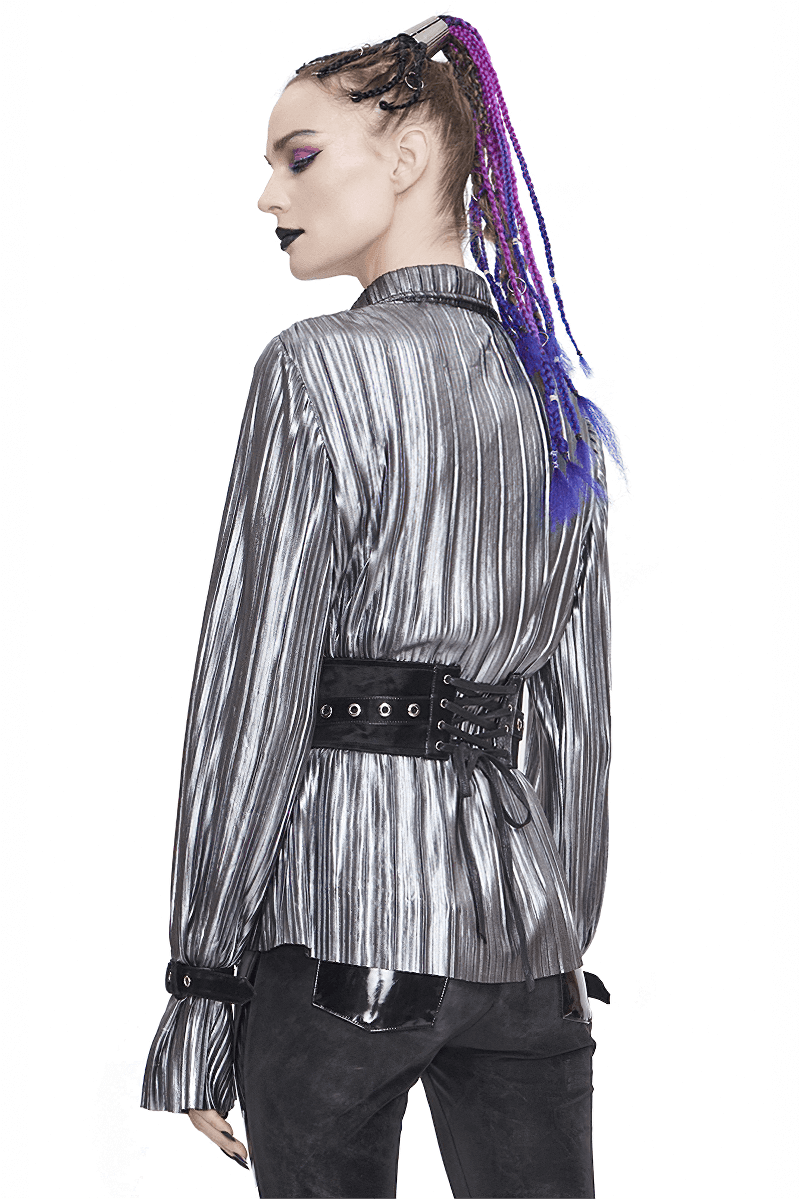 Women's Bright Silver Shimmer Long Ruffle Sleeved Blouse / Cyberpunk Loose Pointed Collar Shirts - HARD'N'HEAVY