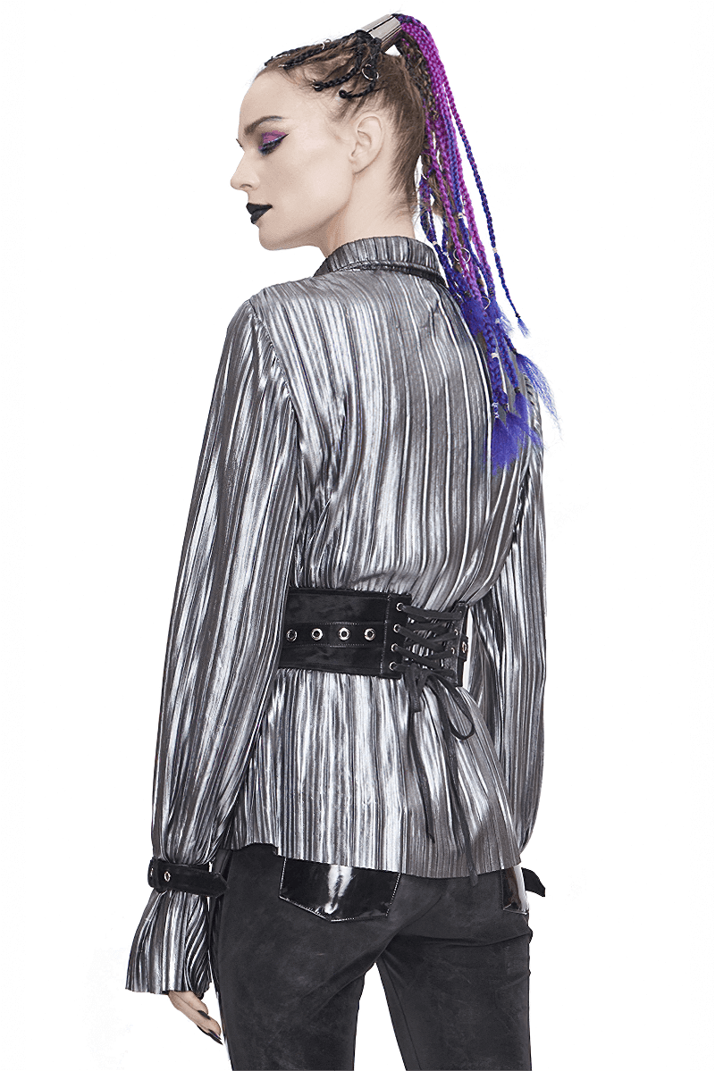 Back view of a women's bright silver shimmer cyberpunk blouse with long sleeves and a sleek design.
