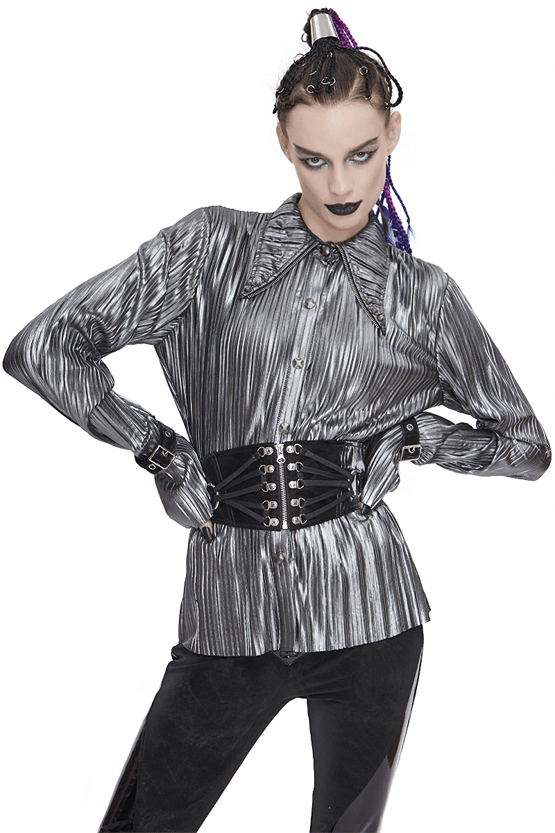 Women's bright silver shimmer long ruffle sleeved cyberpunk blouse with pointed collar and stylish belt.