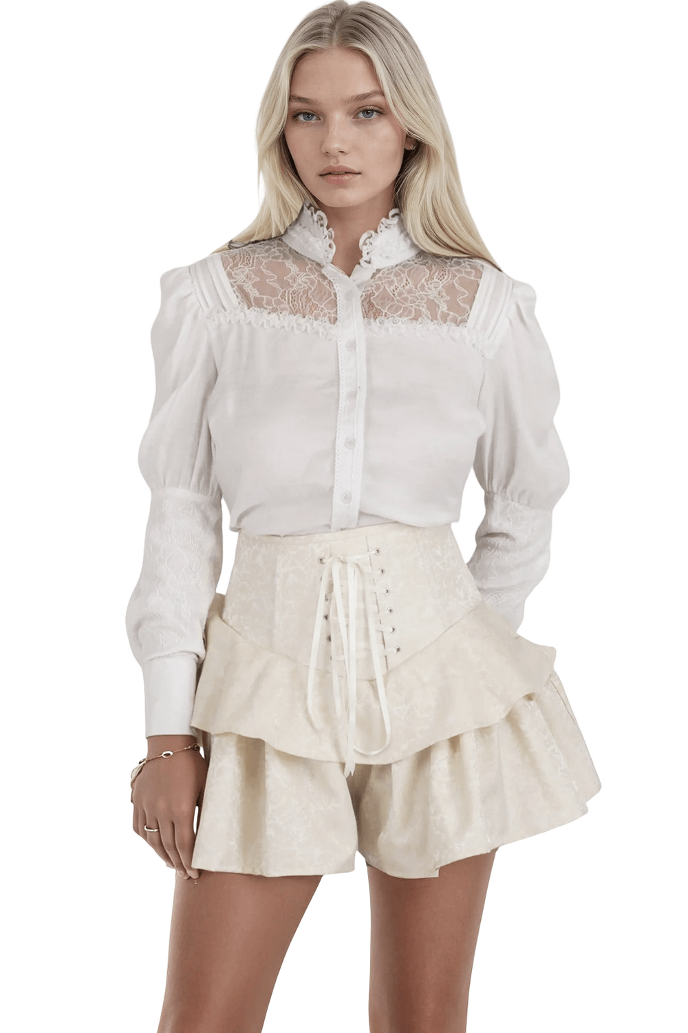 Women's Brocade Corset Mini Skirt with Ruffled Layers paired with a vintage-inspired blouse featuring lace details.