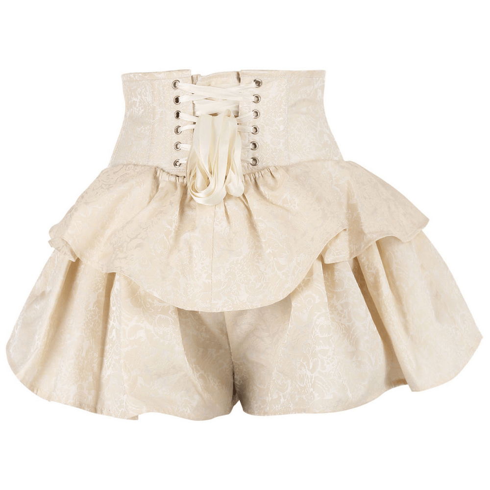 Women's Brocade Corset Mini Skirt with Ruffled Layers in ivory lace-up design, showcasing ornate brocade fabric.