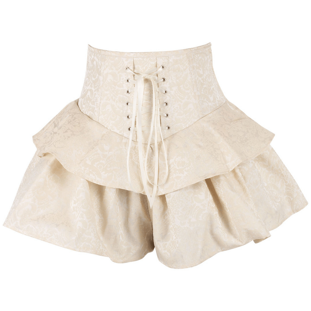 Women's Brocade Corset Mini Skirt with Ruffled Layers featuring lace-up back and structured high waist.