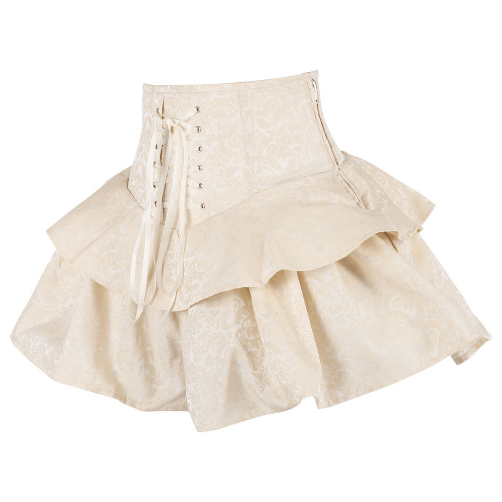 Women's Brocade Corset Mini Skirt with Ruffled Layers featuring lace-up back and structured high waist.