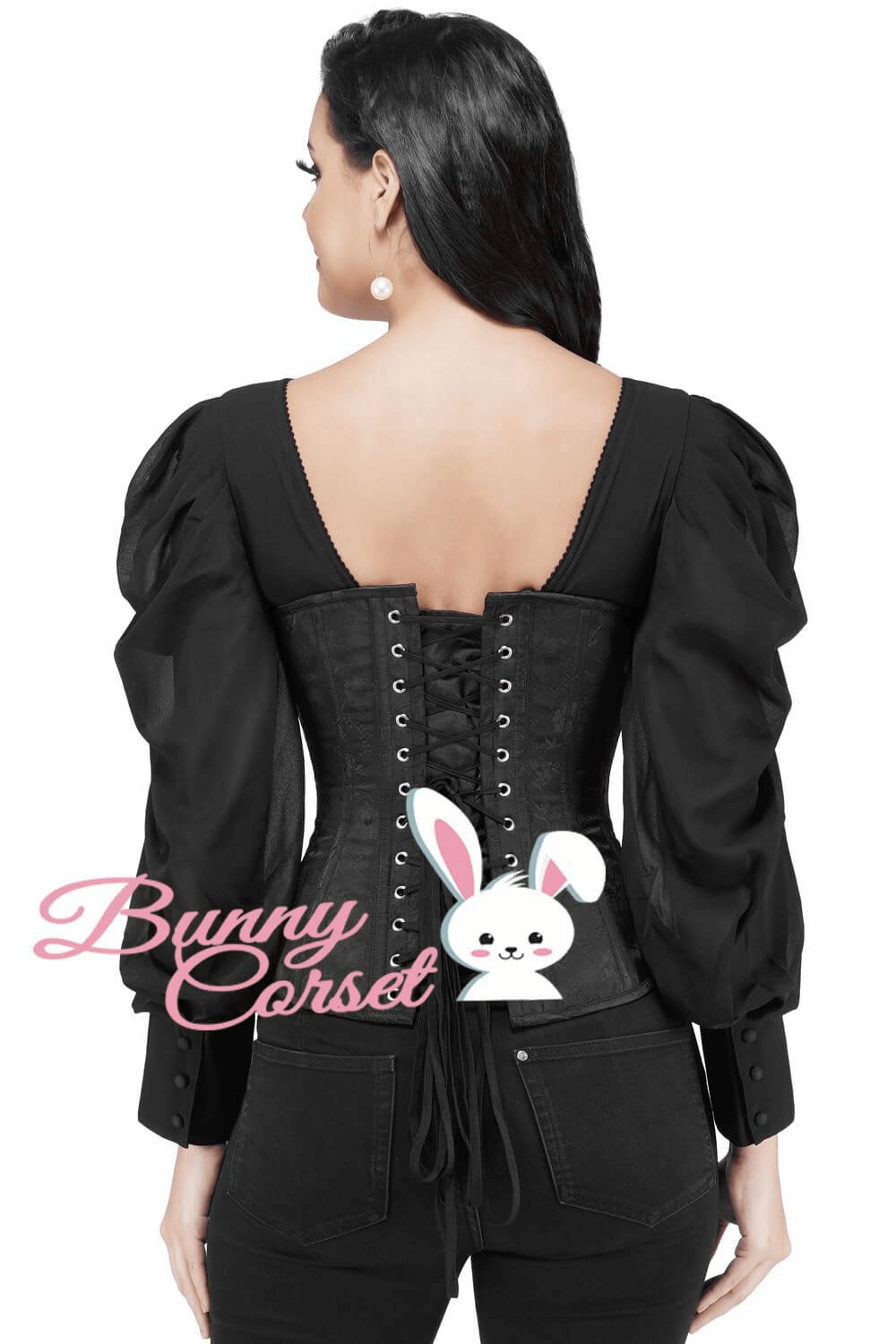 Back view of a women's brocade corset top with puff sleeves and lacing, showcasing elegant design and fit.