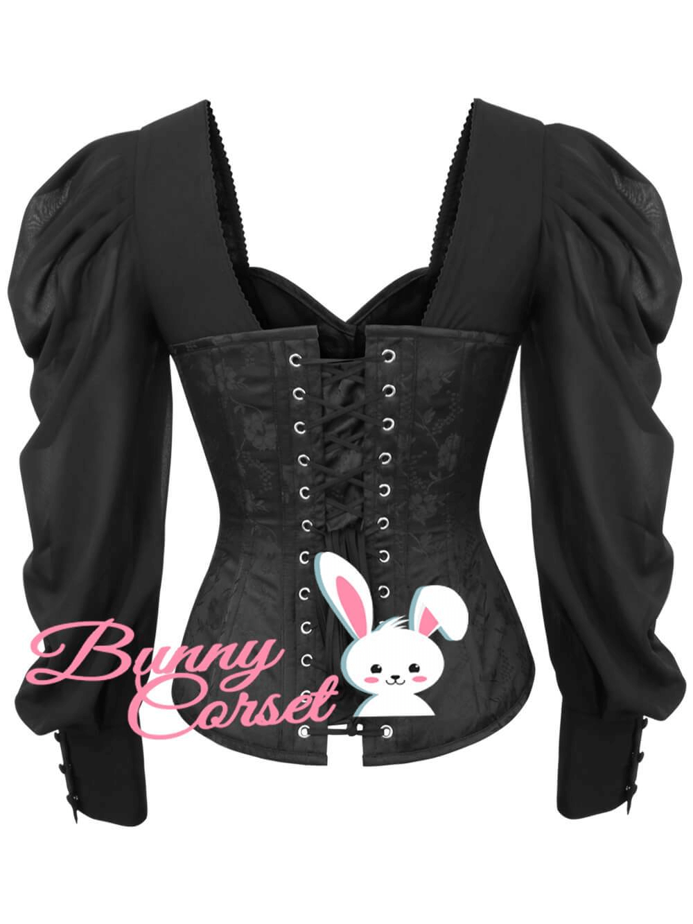 Women's black brocade corset top with puff sleeves and lacing, perfect for stylish outfits.