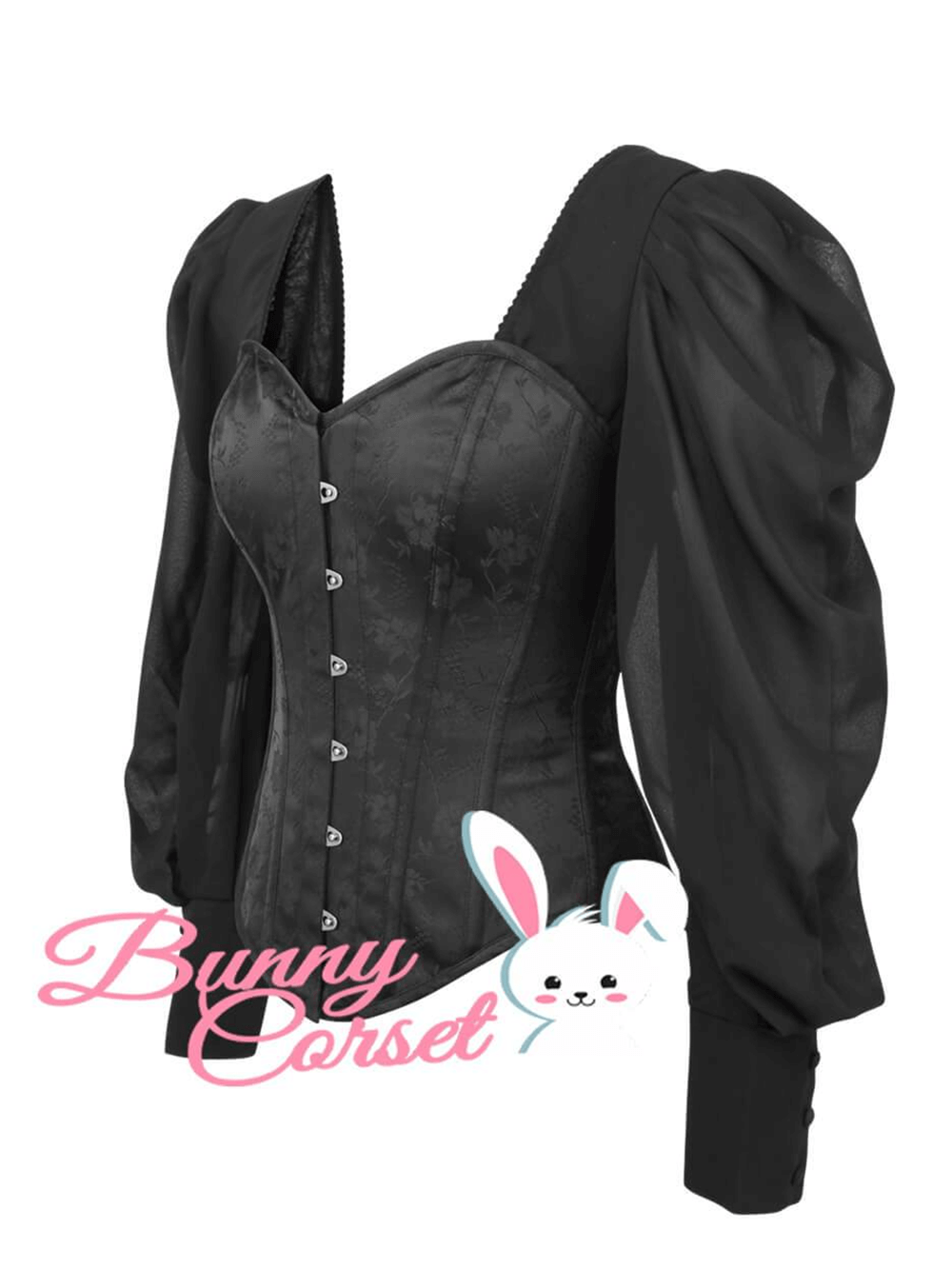 Women's black brocade corset top with puff sleeves and elegant lacing for a chic look.