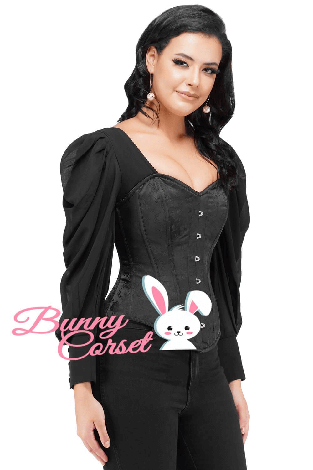 Chic women's black brocade corset top with puff sleeves and lacing, perfect for stylish outfits.