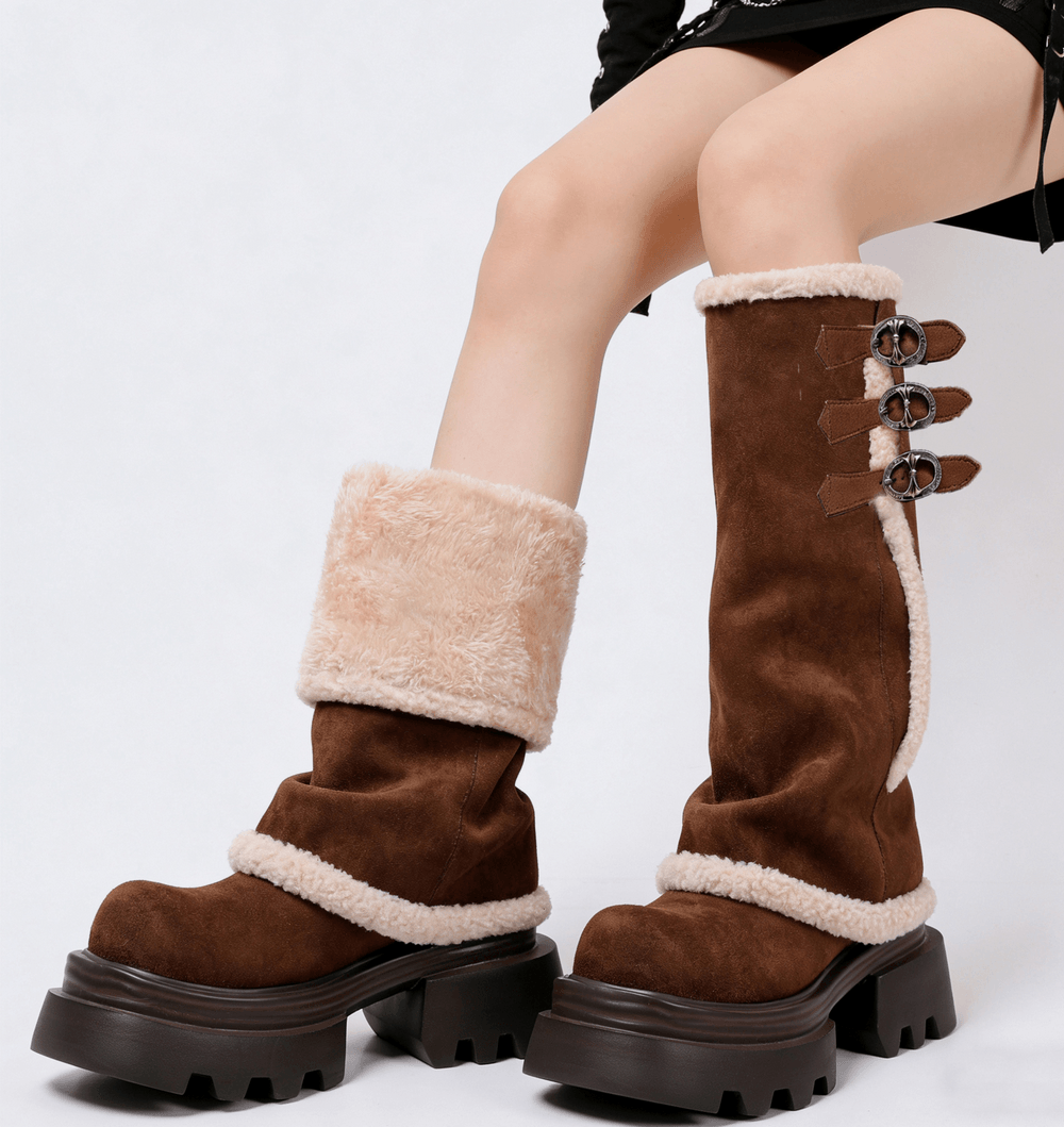 Women's Brown Chunky Platform Boots With Faux Fur Trim, knee-high winter boots with buckles and chunky lug sole
