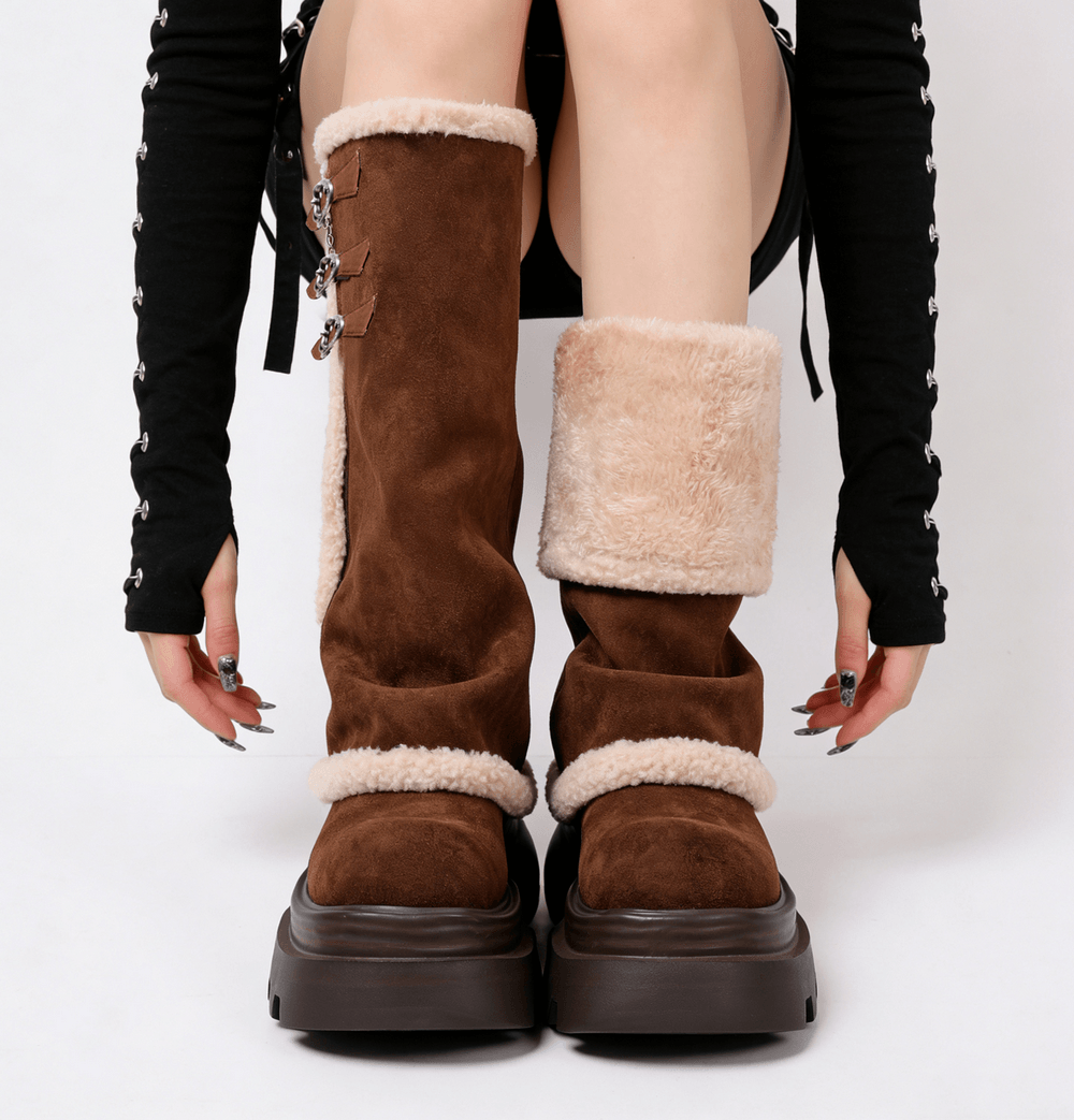 Women's Brown Chunky Platform Boots With Faux Fur Trim, knee-high winter boots with sherpa lining and buckle straps