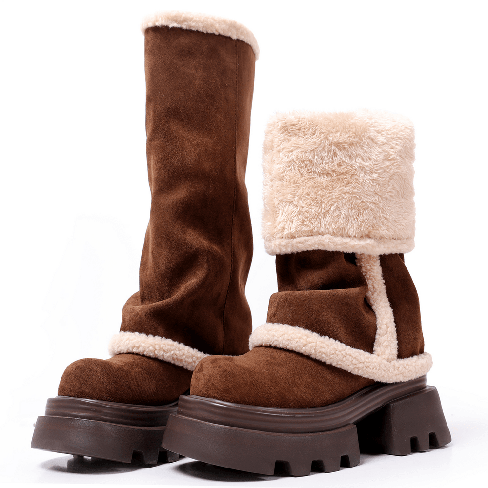 Women's Brown Chunky Platform Boots With Faux Fur Trim, knee-high winter boots with lug sole and sherpa lining