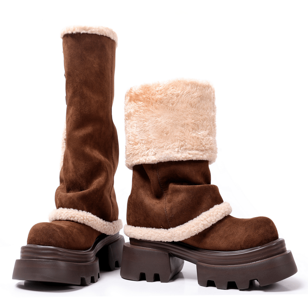 Women's Brown Chunky Platform Boots With Faux Fur Trim, knee-high suede-look winter boots with buckle details and lug soles