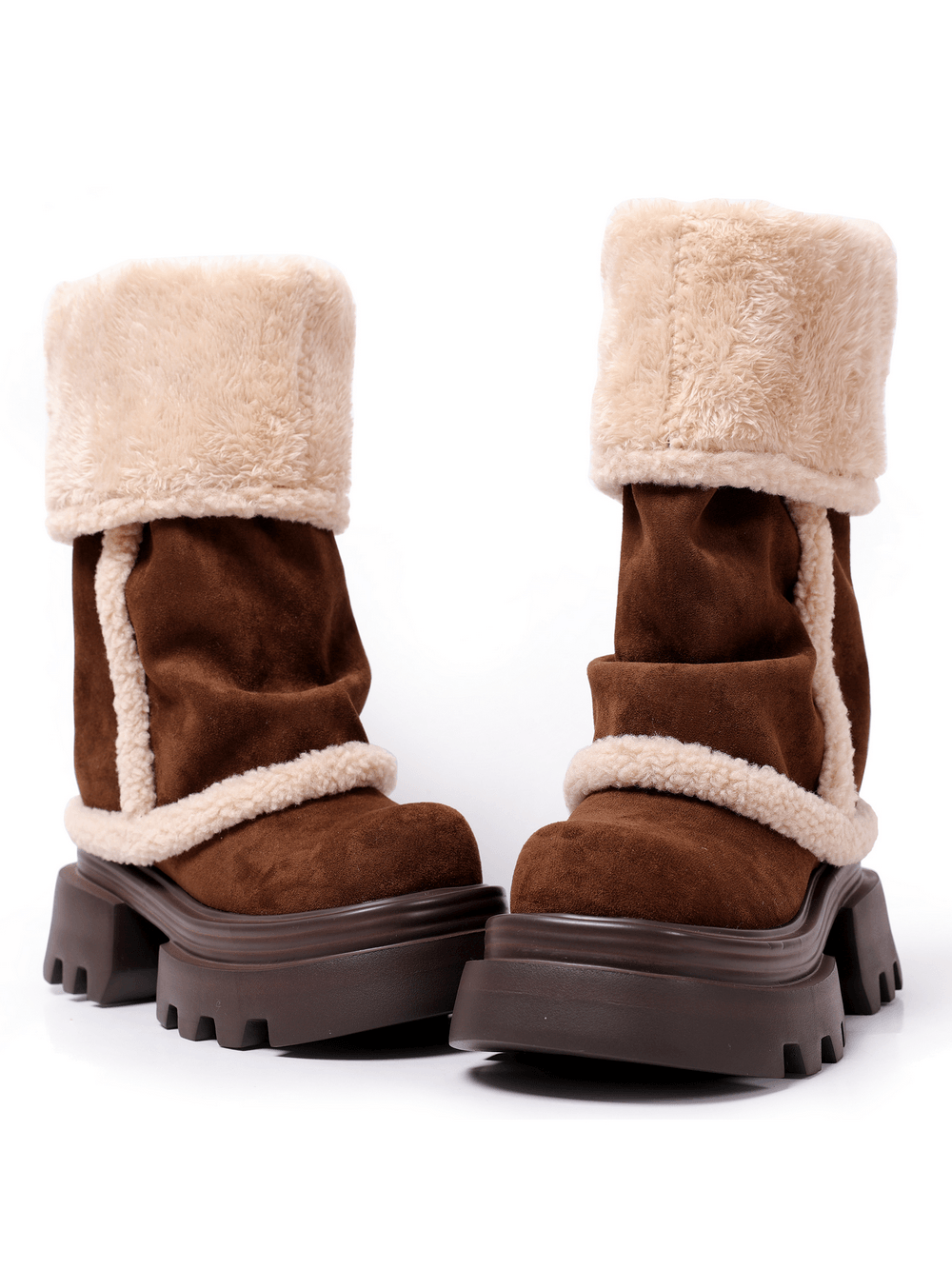 Women's Brown Chunky Platform Boots With Faux Fur Trim, knee-high winter boots with buckle details and rugged lug sole