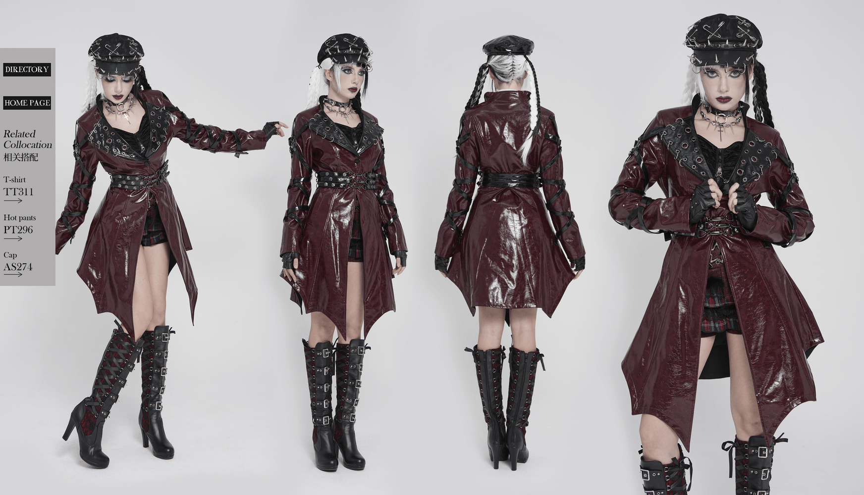 Women's Burgundy Faux Leather Harness Long Coat with glossy finish and dramatic design, perfect for gothic fashion.