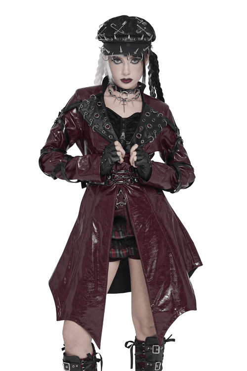 Gabardina de Mujer Estilo Cyberpunk con Hebillas y Acabado de Charol