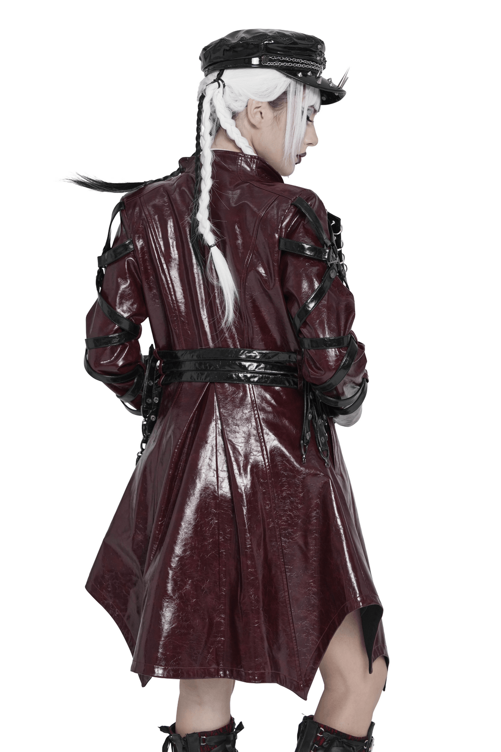 Women's Burgundy Faux Leather Harness Long Coat showcasing stylish back view with glossy patent finish and unique straps.