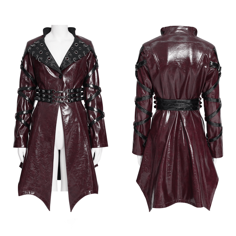 Women's Burgundy Faux Leather Harness Long Coat showcasing a gothic patent finish and striking buckle details.