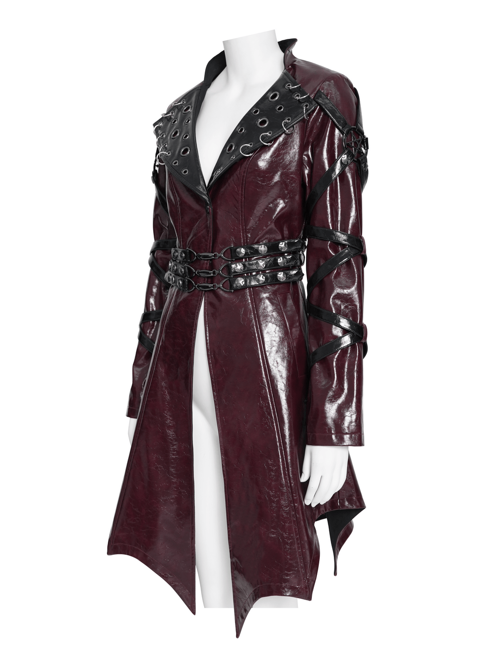 Women's Burgundy Faux Leather Harness Long Coat featuring wide eyelet lapels and layered buckle panels.