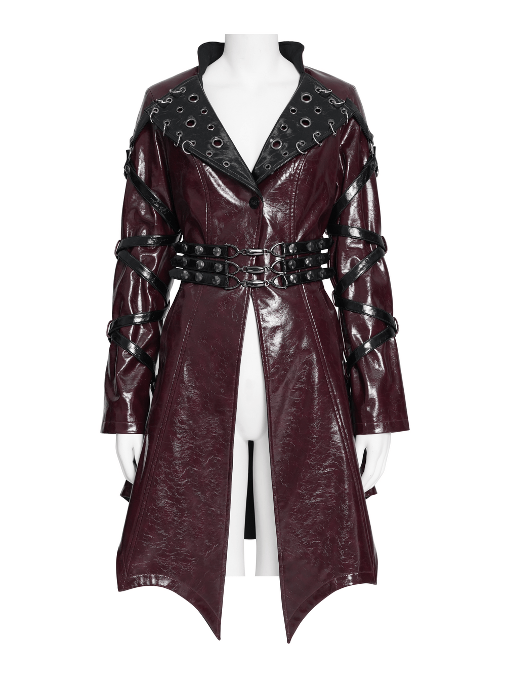 Women's Burgundy Faux Leather Harness Long Coat with glossy finish and dramatic buckle details.