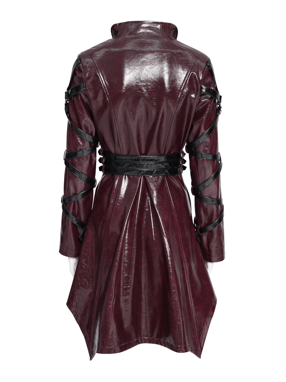 Women's Burgundy Faux Leather Harness Long Coat showcasing glossy finish and unique buckle details from the back.