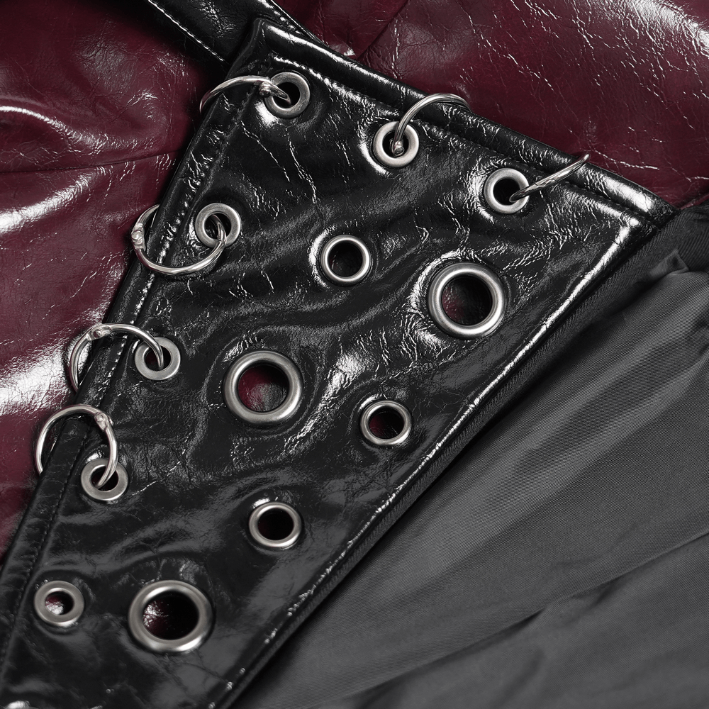 Close-up of the eyelet detail on the Women's Burgundy Faux Leather Harness Long Coat