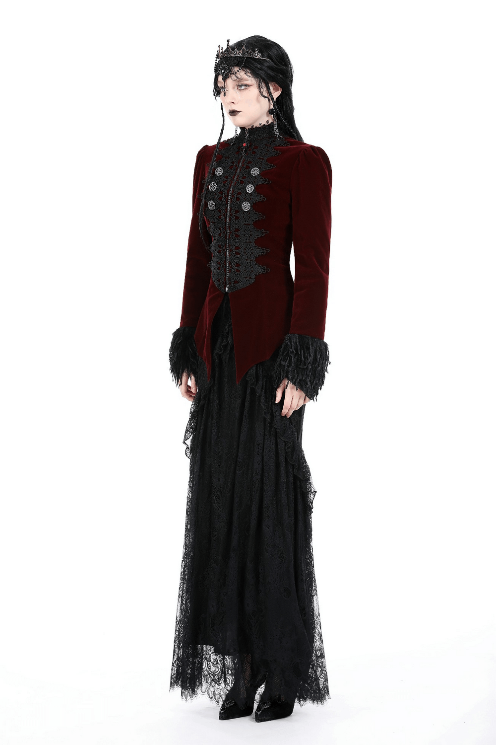 Women's Burgundy Velvet Jacket with Black Lace and Feathers