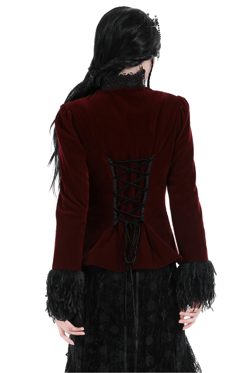 Women's Burgundy Velvet Jacket with Black Lace and Feathers