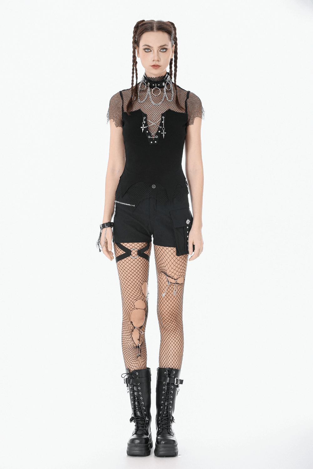 Women's Cargo Shorts with O-Ring Garter and Pocket styled with fishnet tights and bold accessories.