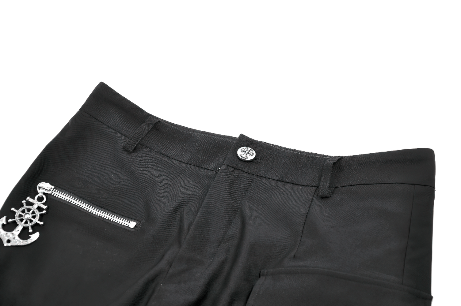 Women's Cargo Shorts with O-Ring Garter and Pocket showing the zip pocket and button detail.