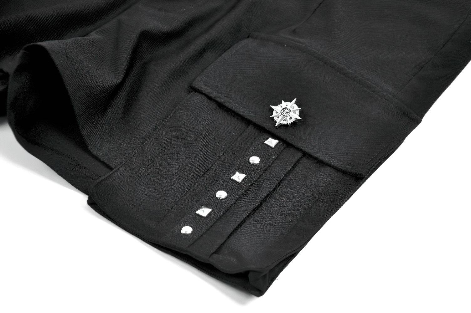 Close-up of Women's Cargo Shorts with O-Ring Garter and Pocket showcasing the zip pocket and studded details.