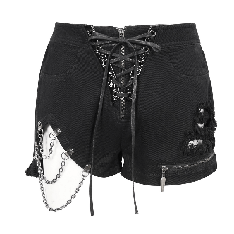 Women's Chains Ripped Shorts with Front Zipper / Punk Lace-Up Pockets Shorts - HARD'N'HEAVY