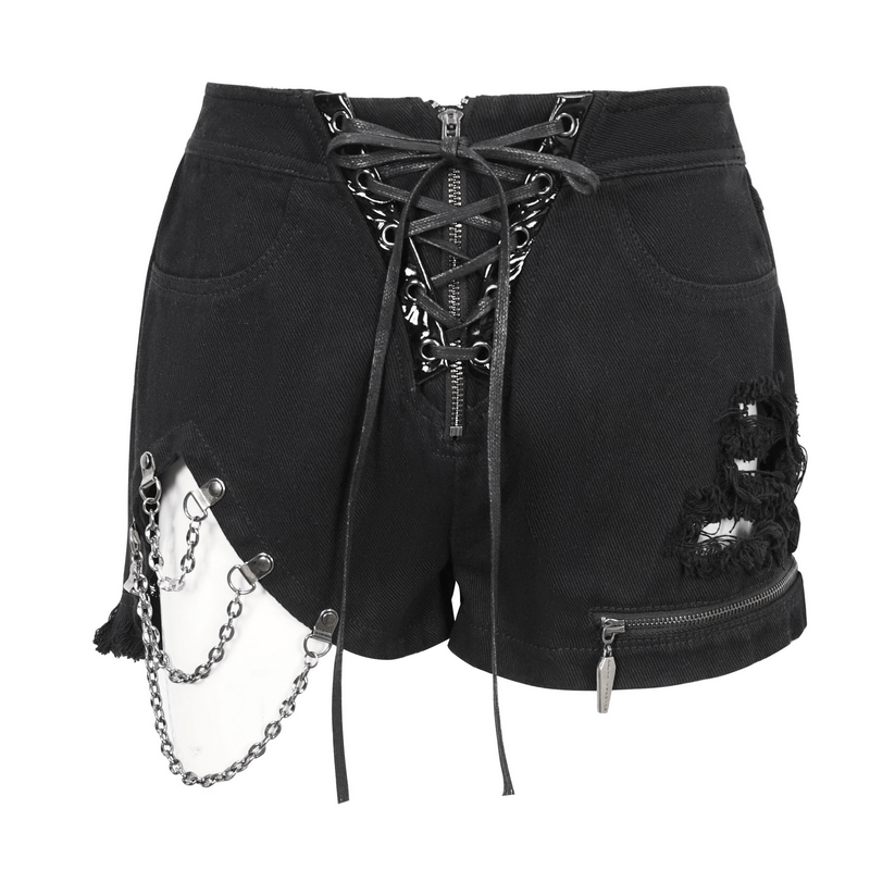 Women's chains ripped shorts with front zipper and lace-up pockets in punk style.