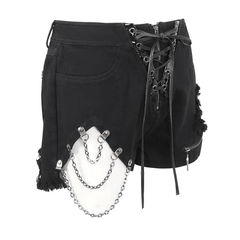 Women's Chains Ripped Shorts with Front Zipper / Punk Lace-Up Pockets Shorts - HARD'N'HEAVY