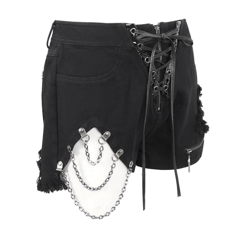 Women's punk style black ripped shorts with chains and lace-up pockets, perfect for edgy summer outfits.